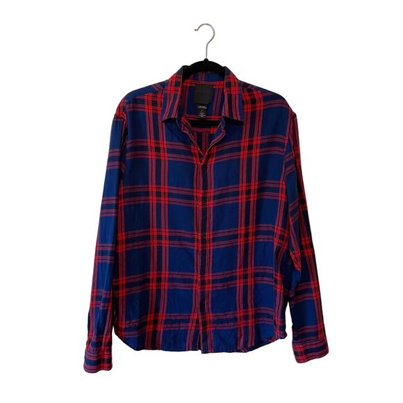H&M L 100% cotton casual button down t-shirt blue red plaid corpcore work - Picture 1 of 7